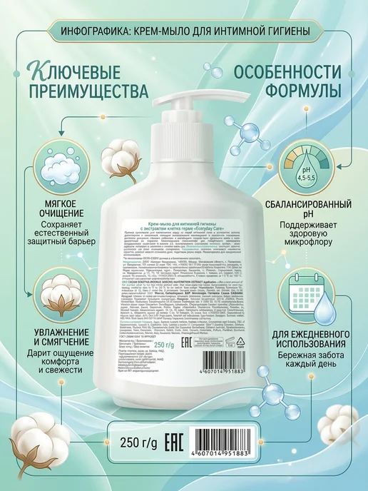 Красная линия Жидкое мыло для интимной гигиены Хлопок, 250 мл, фото 3