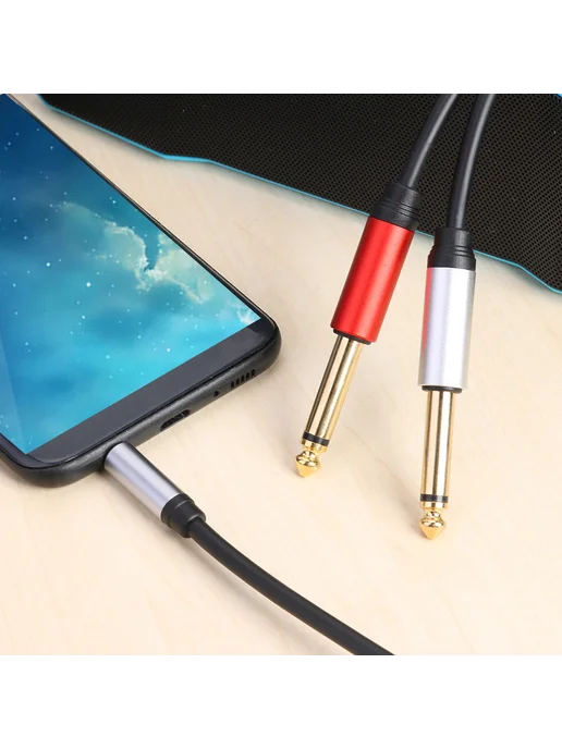 8м позолота кабель 3.5mm TRS на двойной 6.35mm TS для наушни, 8 м, фото 2