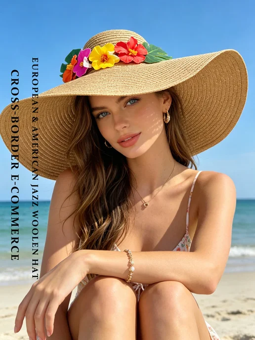 CICONIA Пляжная шляпа бохо с цветами, широкие поля, защита от солнца, зеленый, фото 3