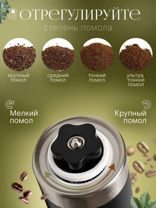 Elv Home Кофемолка ручная механическая для кофе с жерновами, черный, фото 4