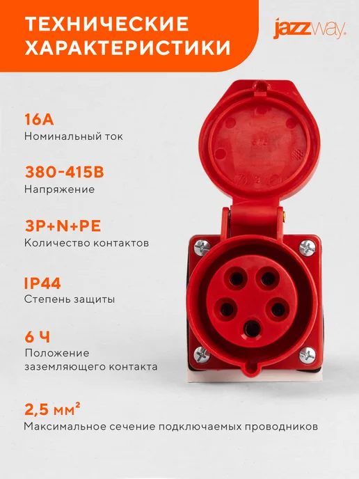 Jazzway Розетка силовая 115 3Р+РЕ+N 16А 380В IP44, белый, фото 4