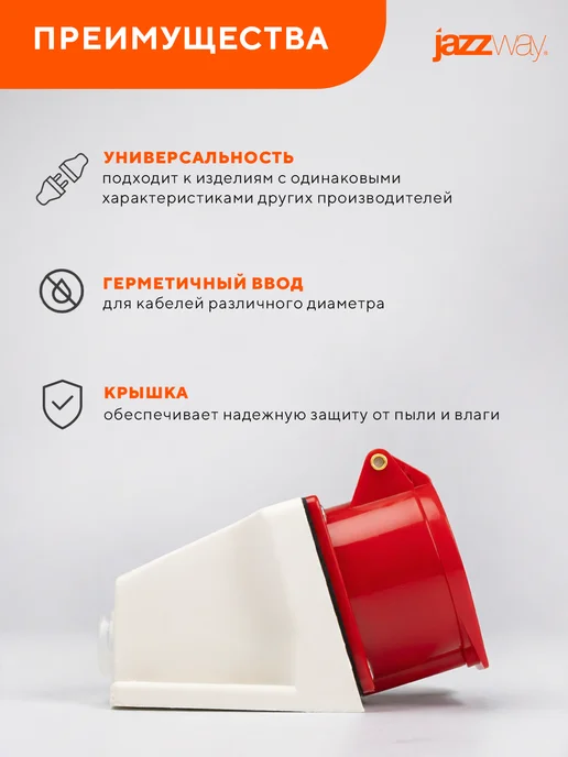 Jazzway Розетка силовая 115 3Р+РЕ+N 16А 380В IP44, белый, фото 5