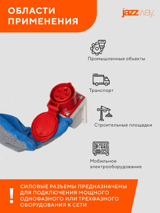 Jazzway Розетка силовая 115 3Р+РЕ+N 16А 380В IP44, белый, фото 7