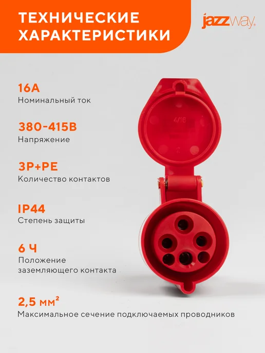 Jazzway Розетка переносная 214 3Р+РЕ 16А 380В IP44, белый, фото 4