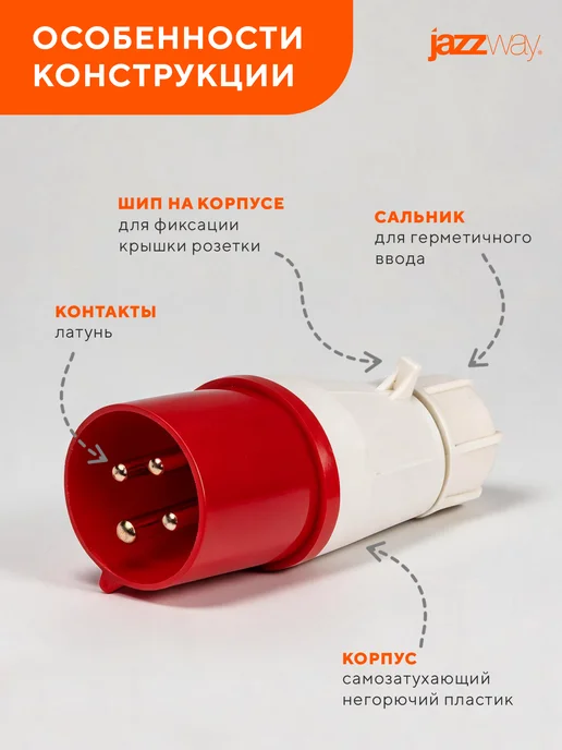 Jazzway Вилка переносная 024 3Р+РЕ 32А 380В IP44, белый, фото 2