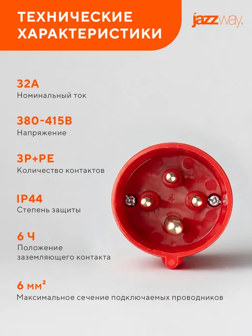 Jazzway Вилка переносная 024 3Р+РЕ 32А 380В IP44, белый, фото 4