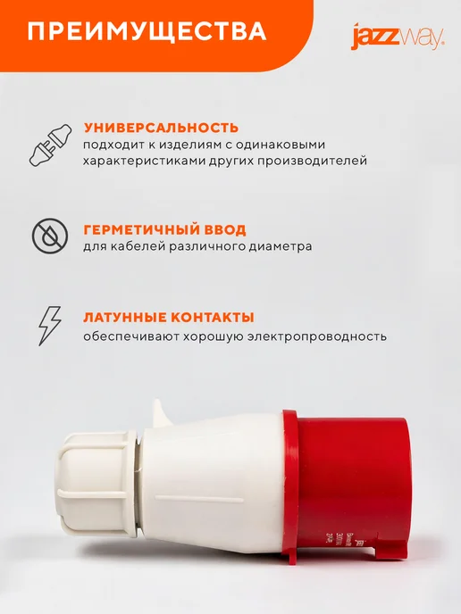 Jazzway Вилка переносная 024 3Р+РЕ 32А 380В IP44, белый, фото 5