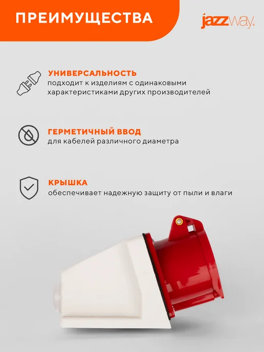 Jazzway Розетка силовая 114 3Р+РЕ 16А 380В IP44, белый, фото 5