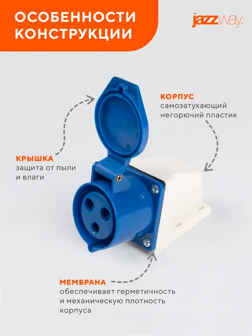 Jazzway Розетка силовая 123 2Р+РЕ 32А 220В IP44, синий, фото 2