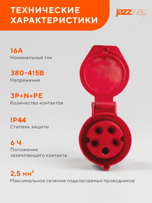 Jazzway Розетка переносная 215 3Р+РЕ+N 16А 380В IP44, белый, фото 4