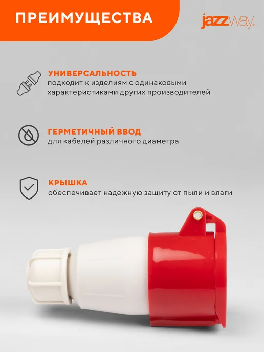 Jazzway Розетка переносная 215 3Р+РЕ+N 16А 380В IP44, белый, фото 5