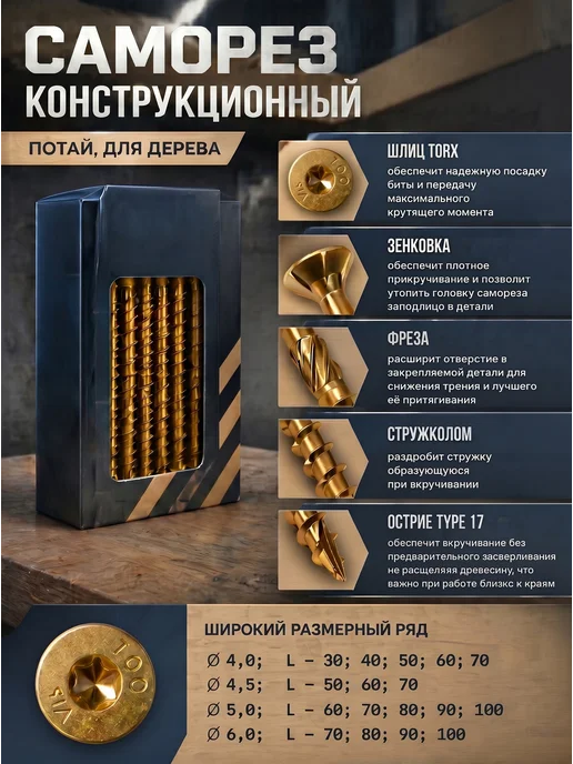 Микс. Конструкционные саморезы в коробке 5х100мм 30 шт, 30 шт, фото 2