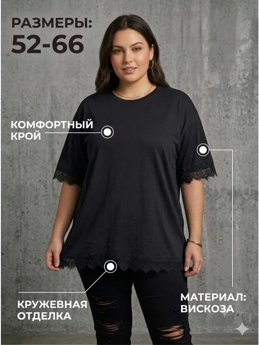Футболка оверсайз с кружевом большие размеры