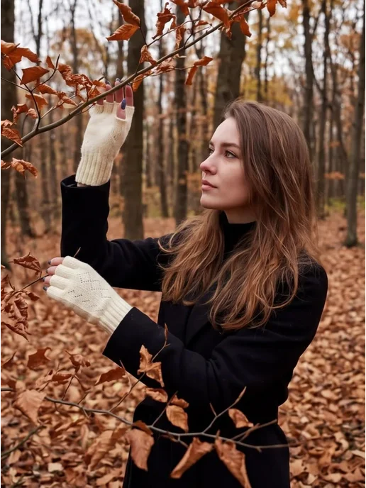 LEONEM Митенки вязаные перчатки без пальцев, белый, фото 4