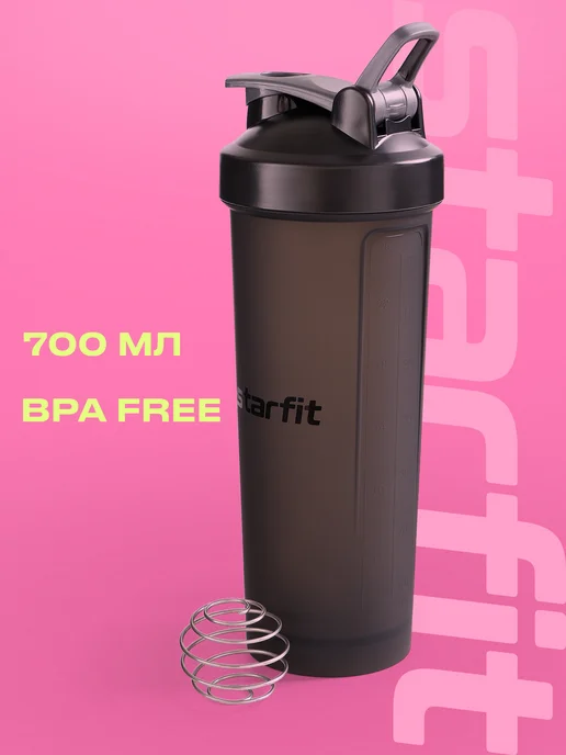Starfit Шейкер спортивный для протеина с пружиной, черный
