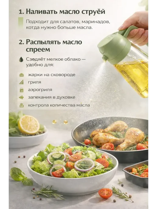 ТВОИ ПОКУПКИ В < Бутылка для масла с распылением и наливом, зеленый, фото 2