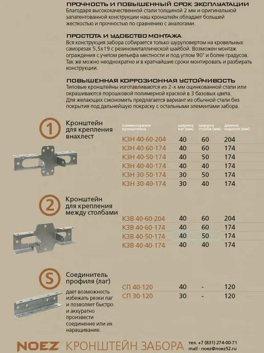 NOEZ Кронштейн забора наружный усиленный НОЭЗ КЗНУ-40-40-174 10шт, 10 шт, фото 5