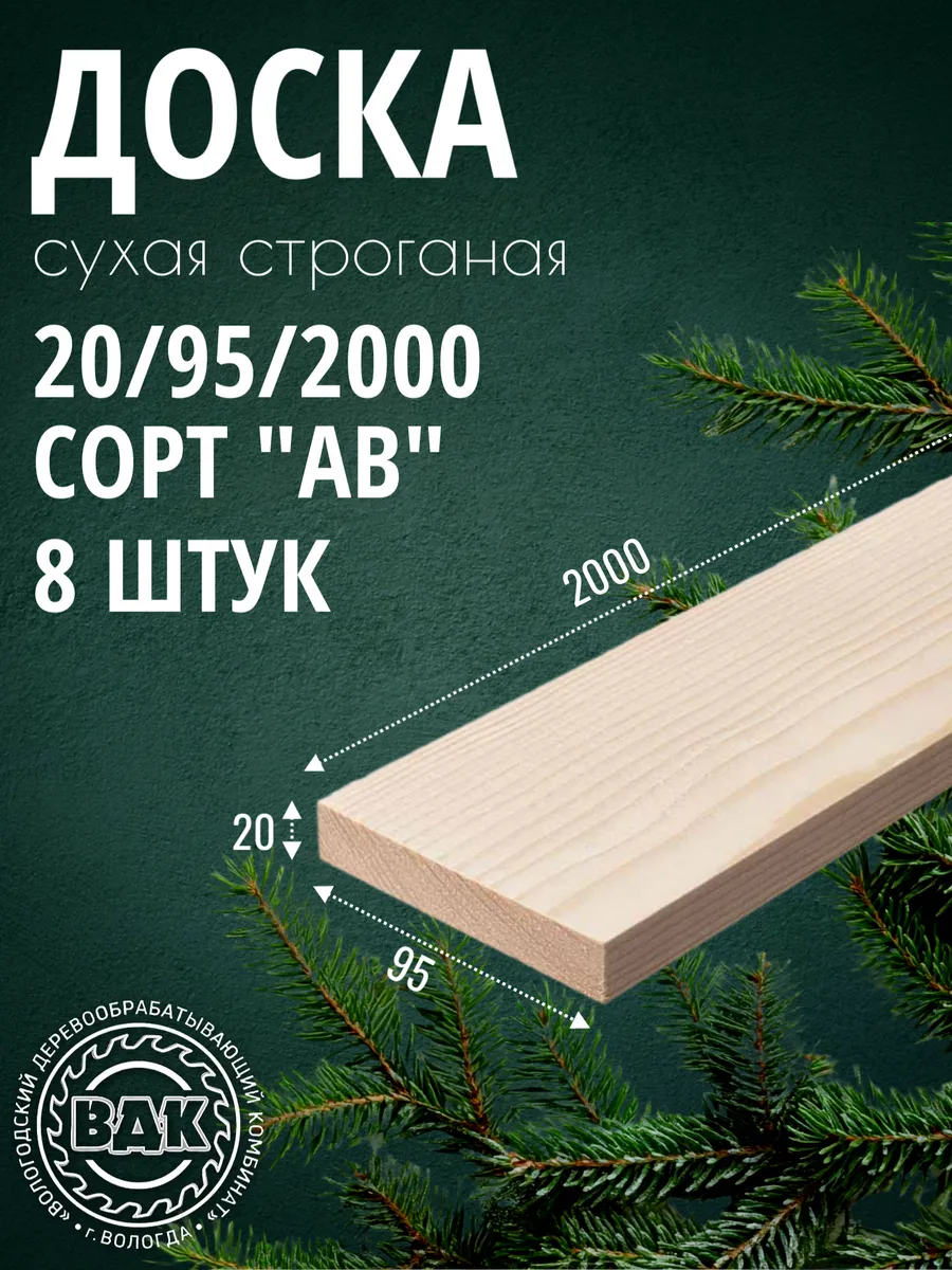 Доска сухая строганая 20х95х2000 мм, хвоя, АВ, 8 шт.