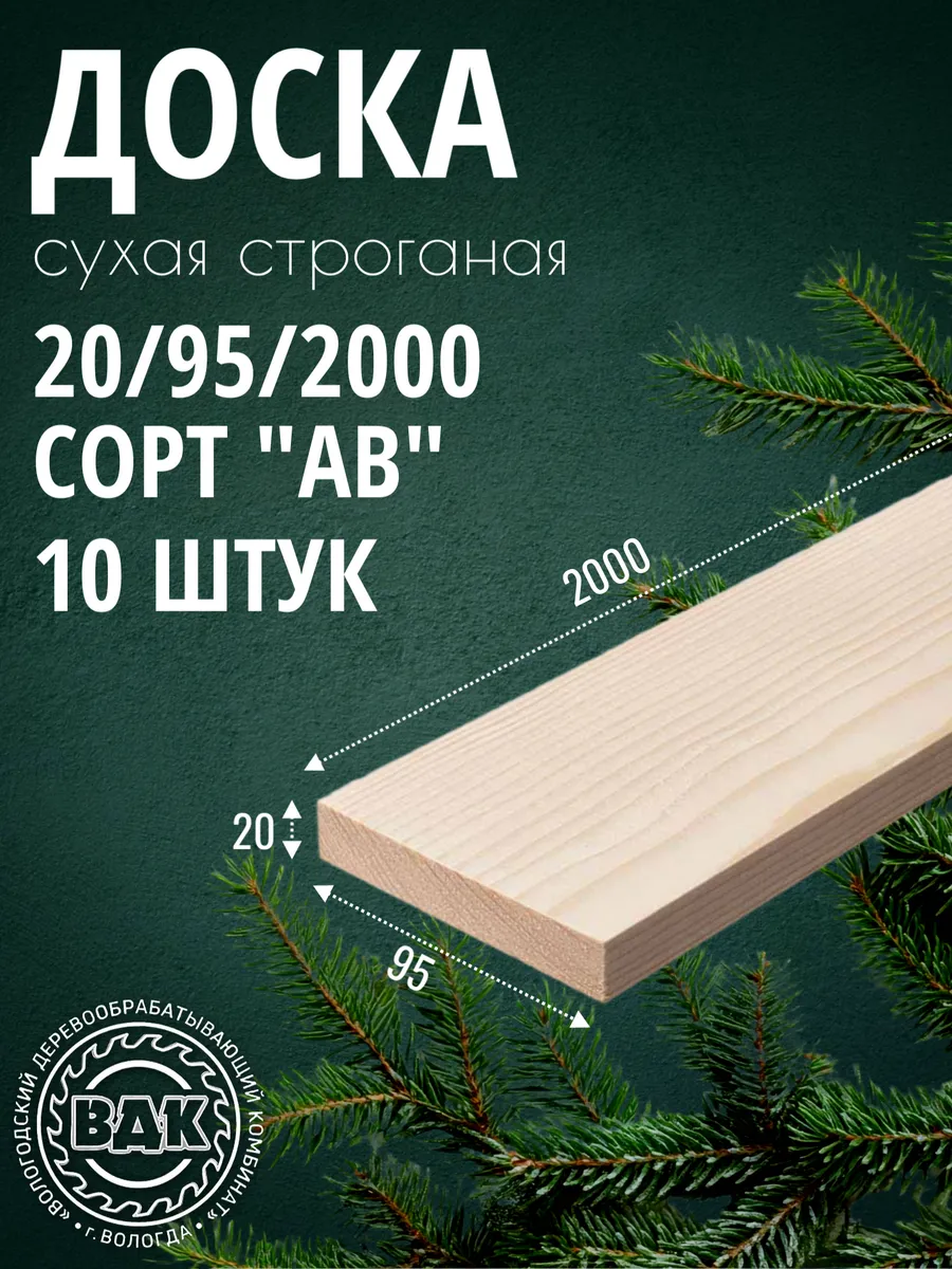 Доска сухая строганая 20х95х2000 мм, хвоя, АВ, 10 шт.