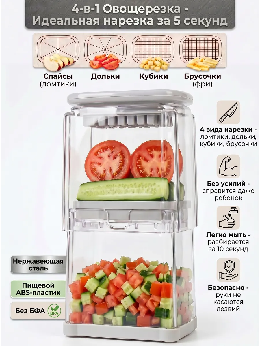 Овощерезка многофункциональная ручная кубиками 4 насадки
