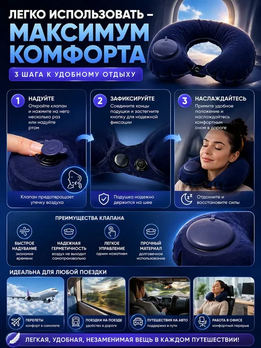 тиа1 Подушка дорожная для шеи надувная в самолет, синий, фото 2