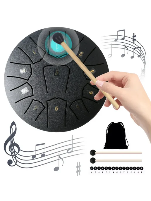 Steel Tongue Drum 6 дюймов 11 нот Handpan для игры (Black), черный
