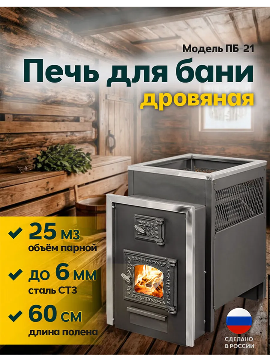 Банная печь ПБ 21 (6 мм) чугунная дверца со стеклом