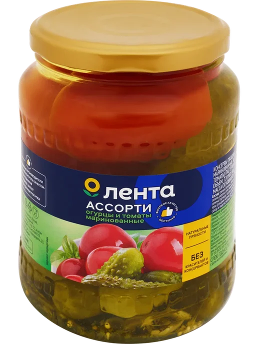 Ассорти маринованное ЛЕНТА Огурцы и томаты, 720мл, 720 мл