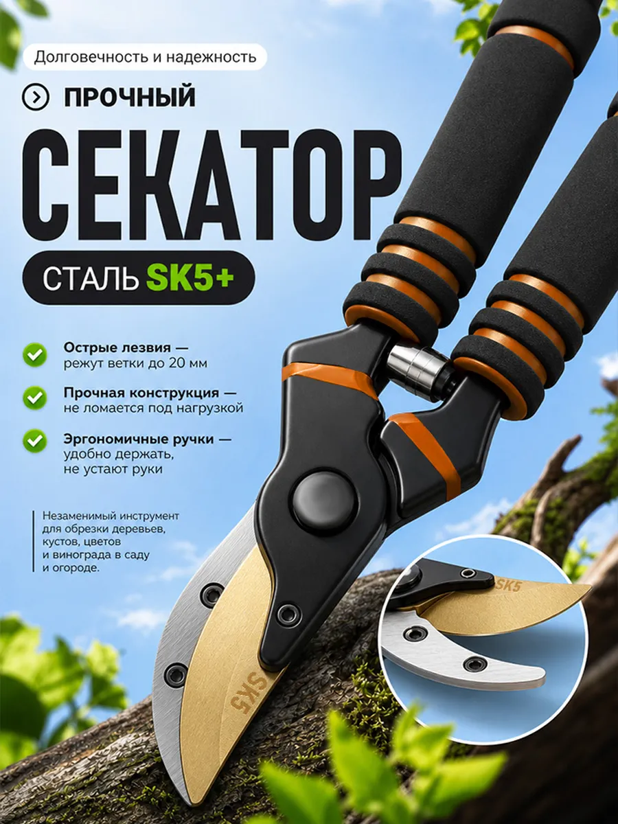 Секатор садовый ручной для кустов, прочный SK5 сталь