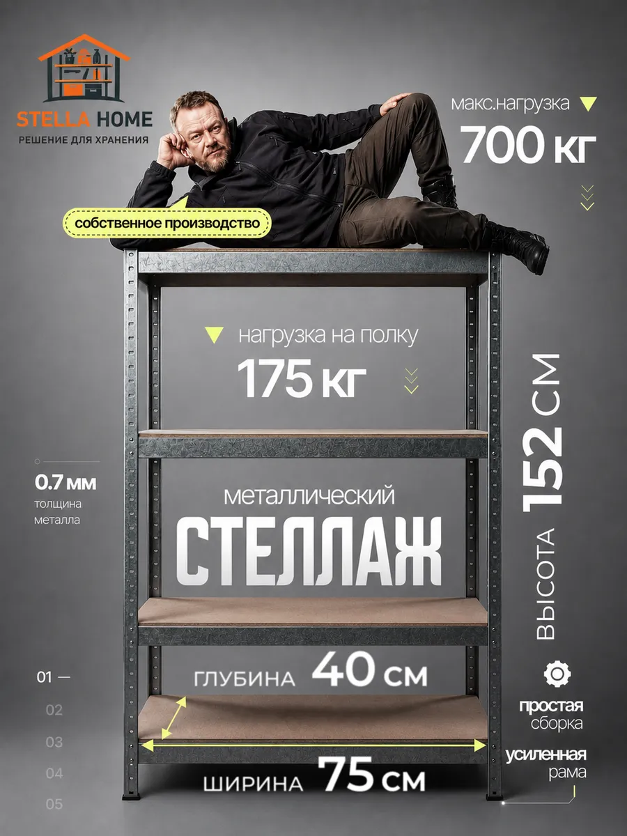 Стеллаж металлический 4 полки безболтовой 152х75х40 см