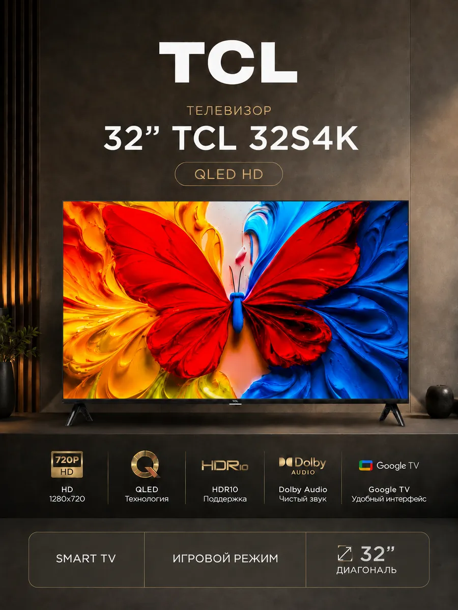 TCL Телевизор QLED 32 дюйма 32S4K HDR10 HD Dolby Audio