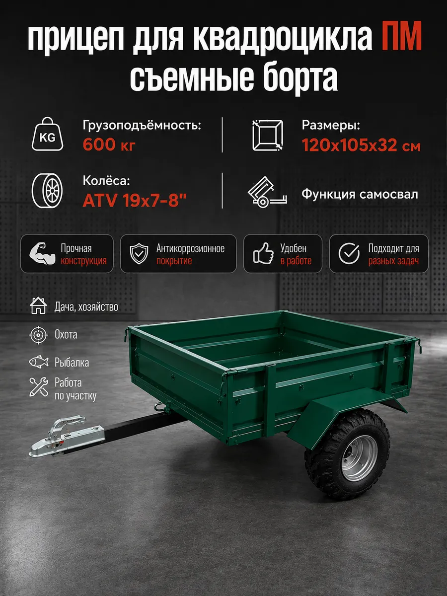 Прицеп для квадроцикла ПМ, съемные борта, самосвал