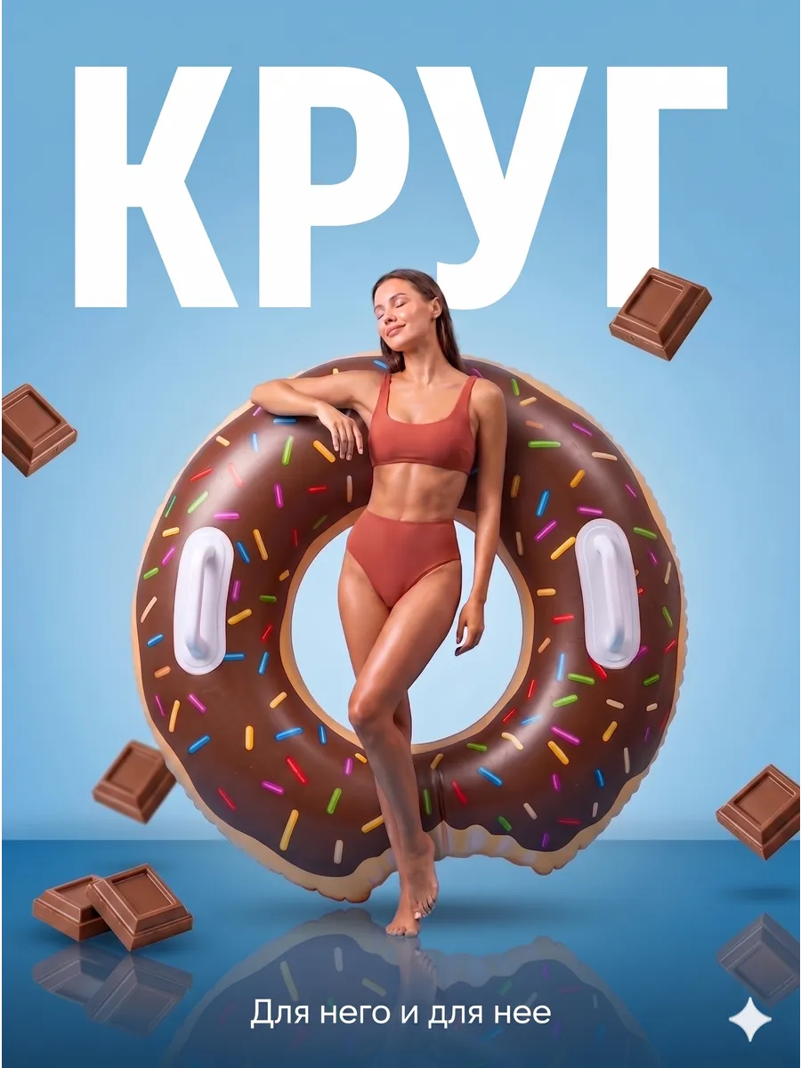 Надувной круг для плавания пончик с ручками 90 см