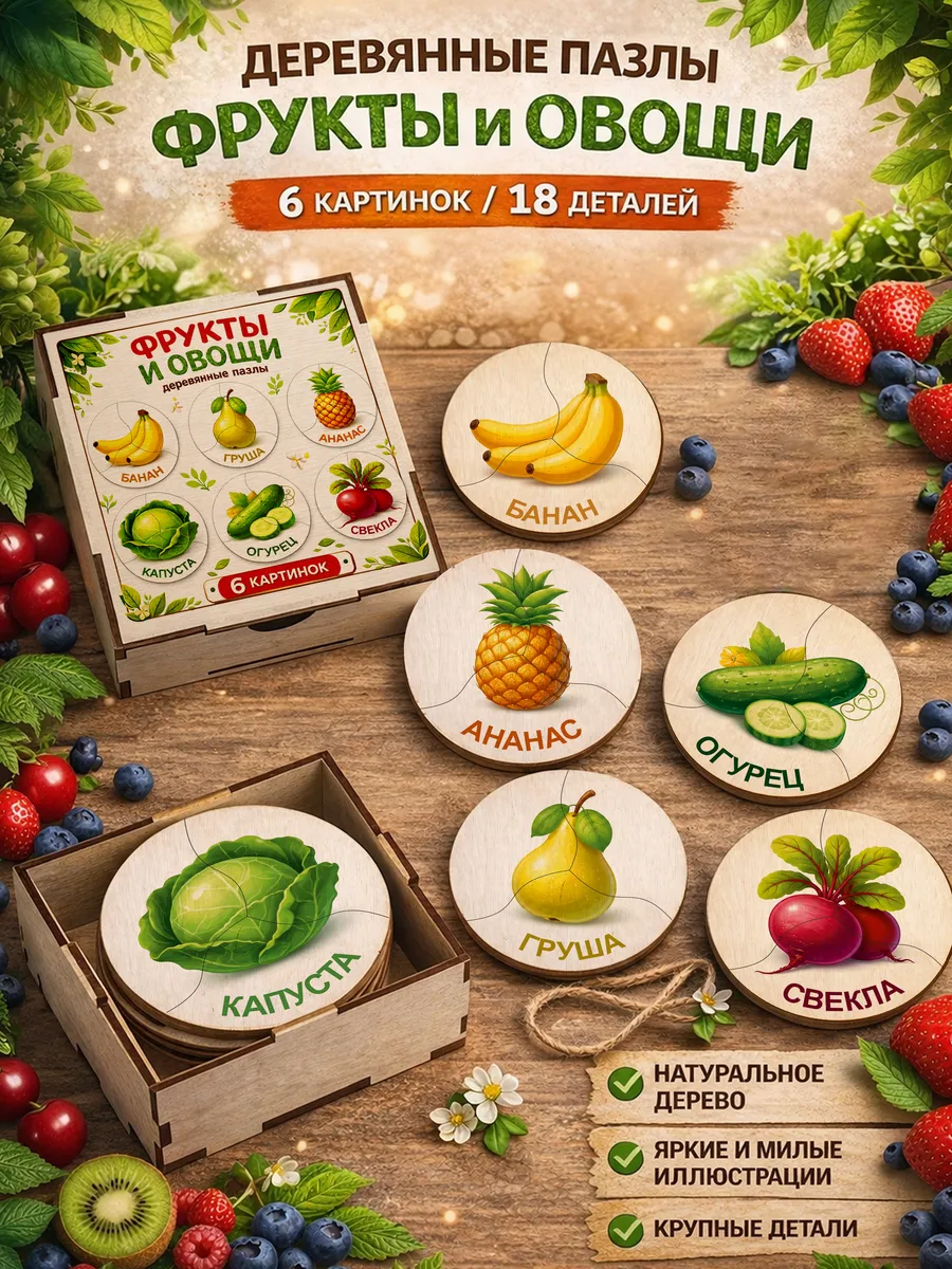 Пазл деревянный развивающий для детей "Фрукты и Овощи" 6 шт