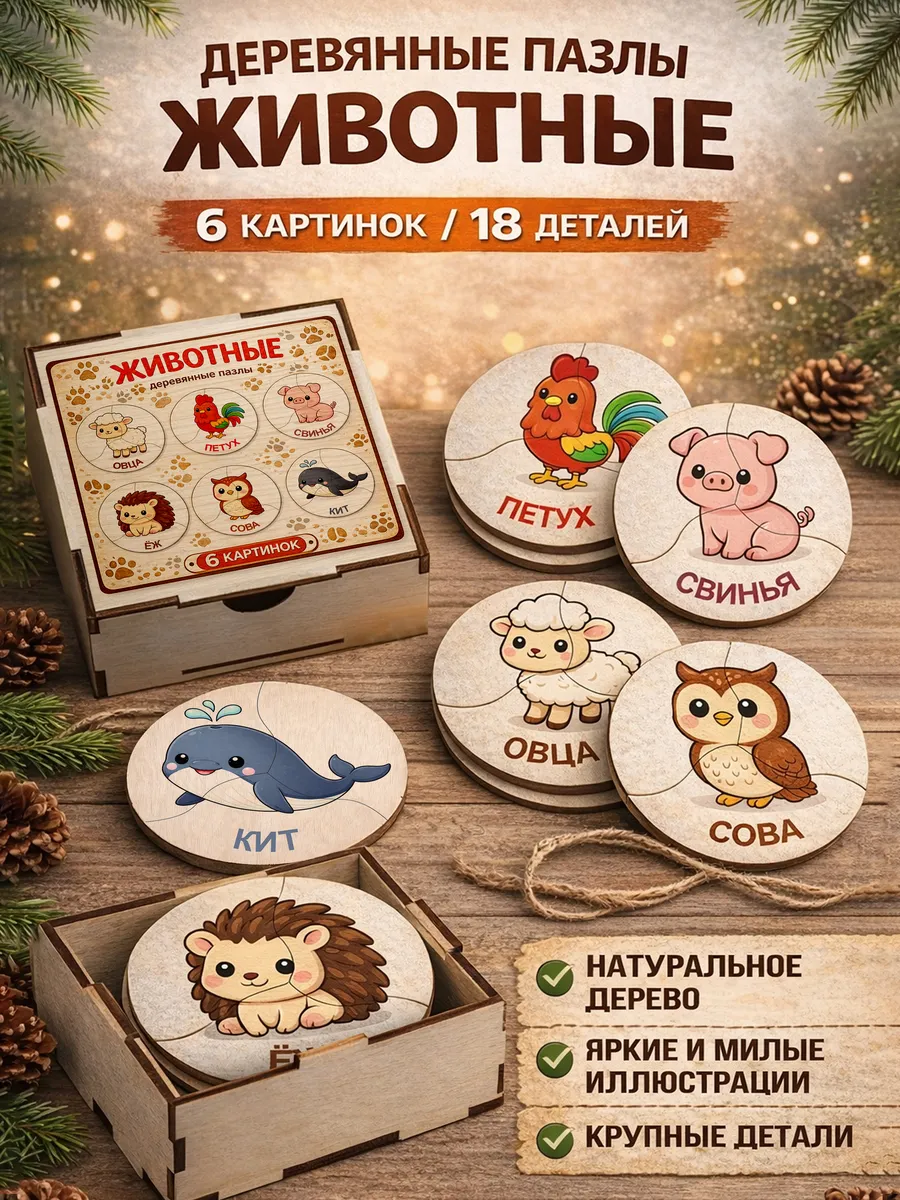 Пазл развивающий для малышей и детей "Животные" 6 шт