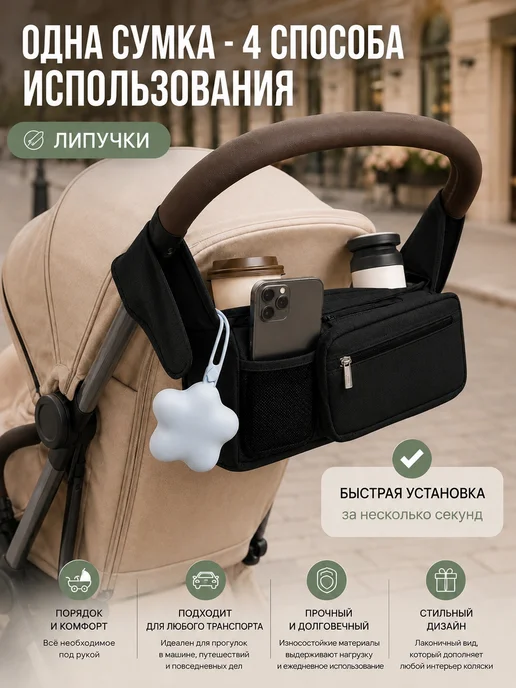 Сумка органайзер для прогулочной коляски универсальная, черный, фото 8