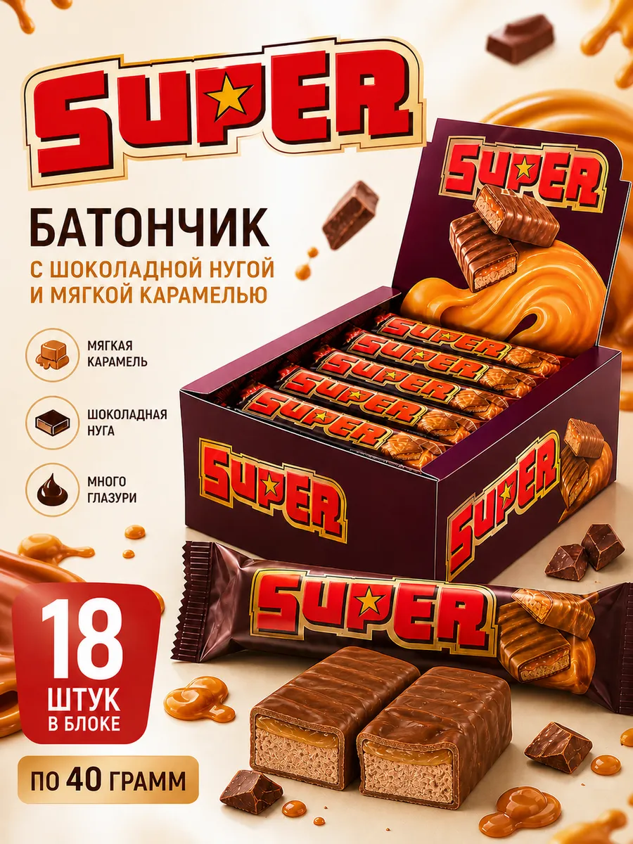 Батончик SUPER (СУПЕР), блок 18 штук по 40г