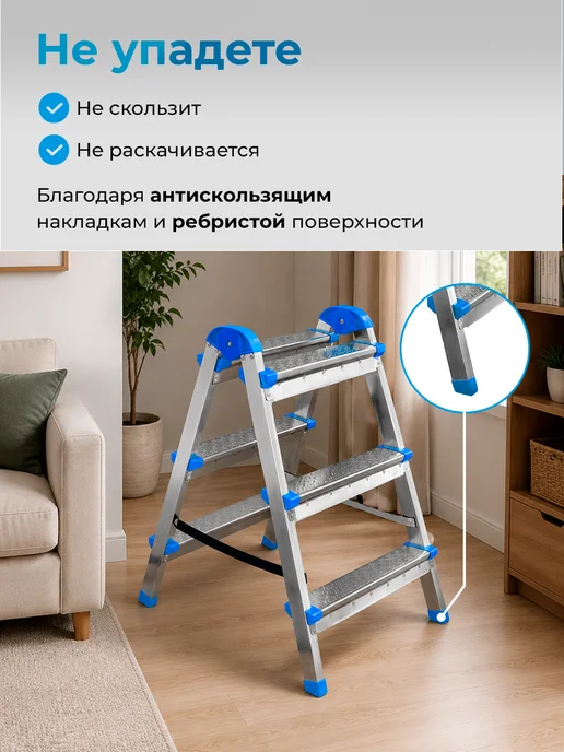 Goodhelper Лестница-стремянка стальная оцинкованная двухсторонняя 3 ст, серый, фото 6