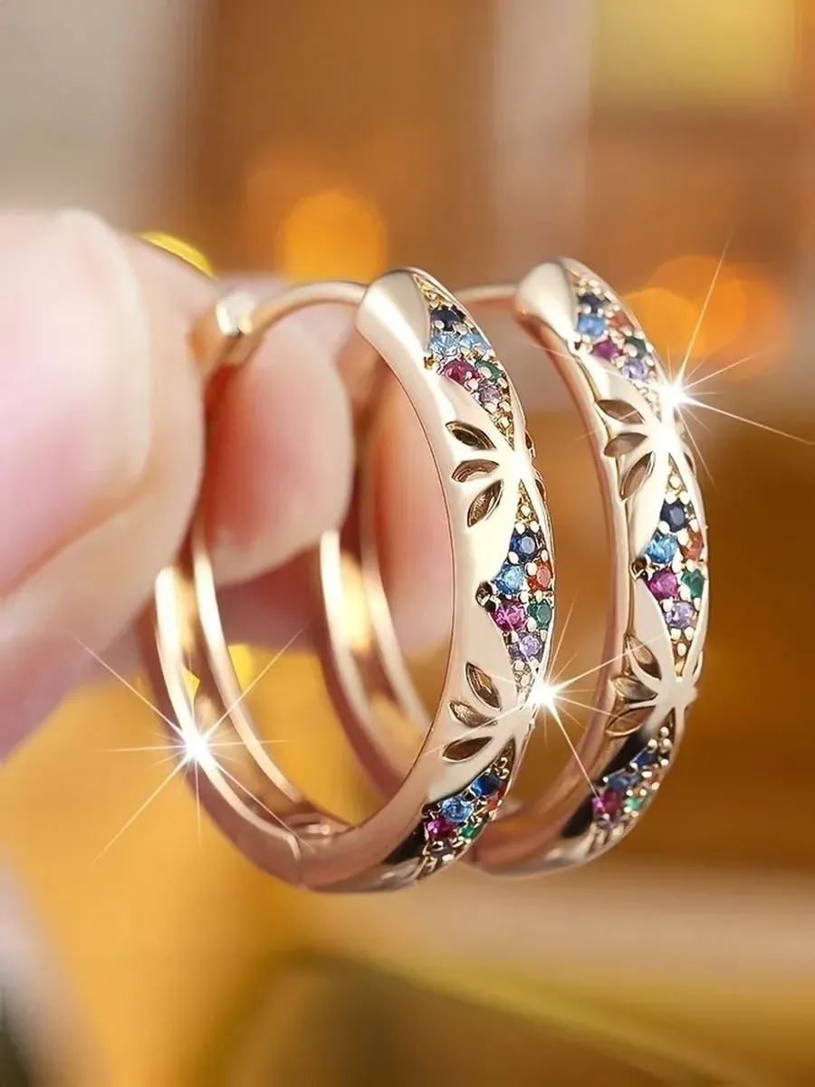 Серьги-кольца женские с цветными цирконами, ажурные, из медн