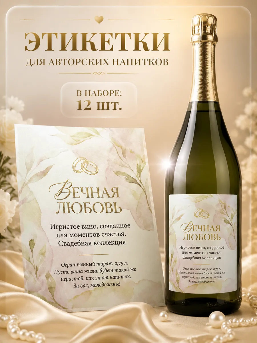 Этикетка самоклеящаяся на бутылку свадебная 75х105 мм, декор