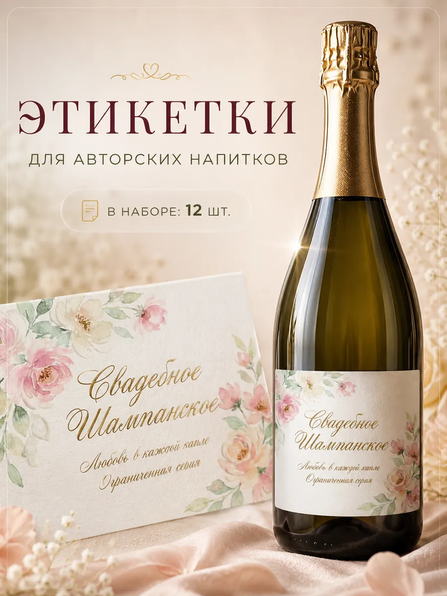 Этикетка самоклеящаяся на бутылку свадебная 105х75 мм, декор