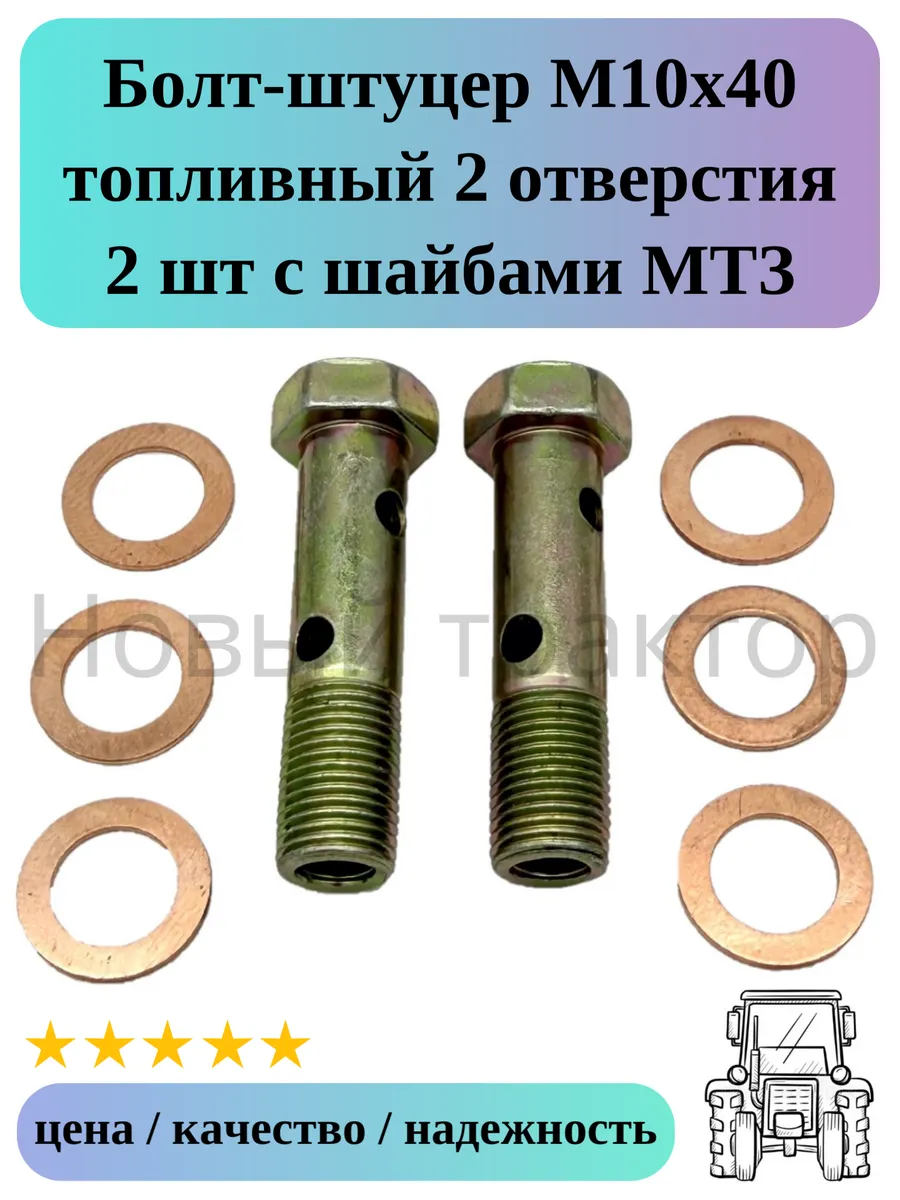 Болт-штуцер М10х40 топливный 2 отверстия 2 шт + шайбы МТЗ