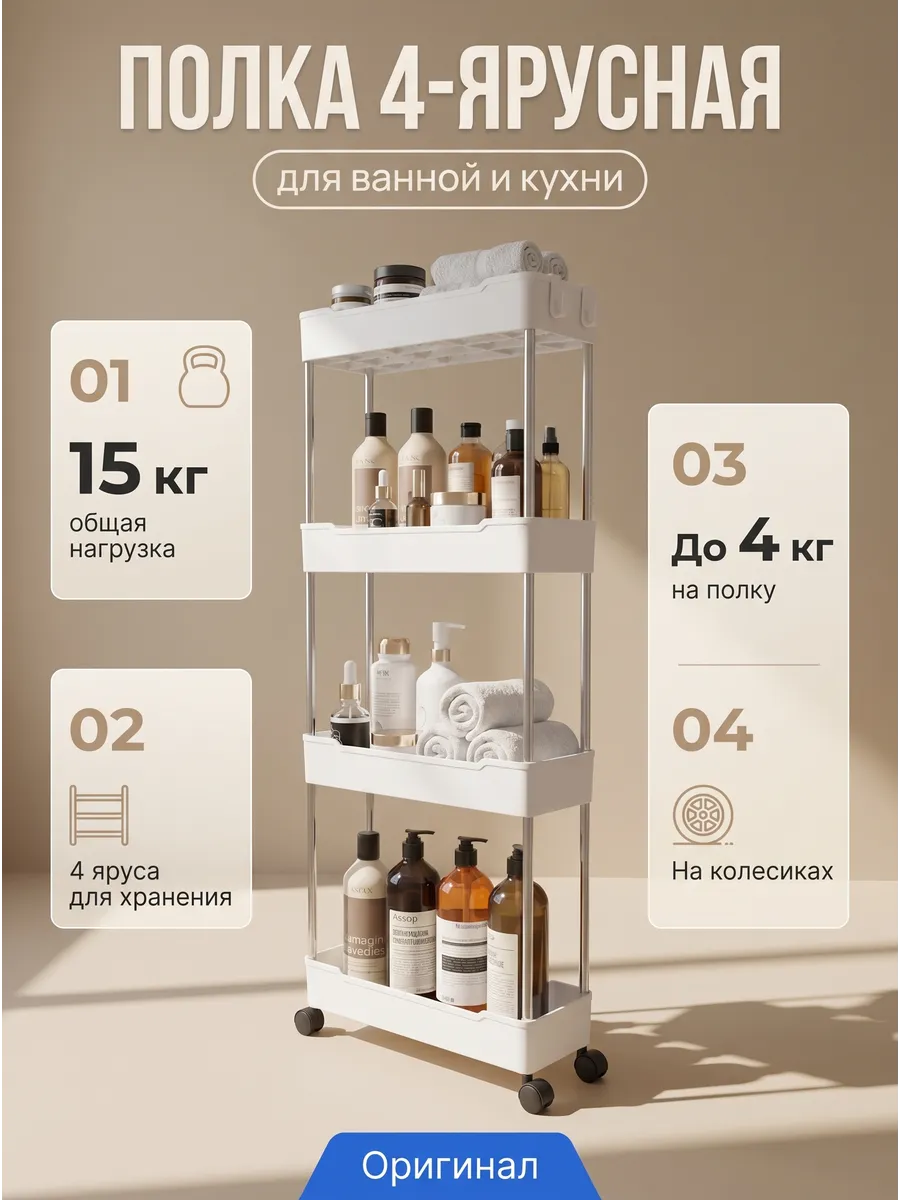 Полка этажерка четверная на колесиках