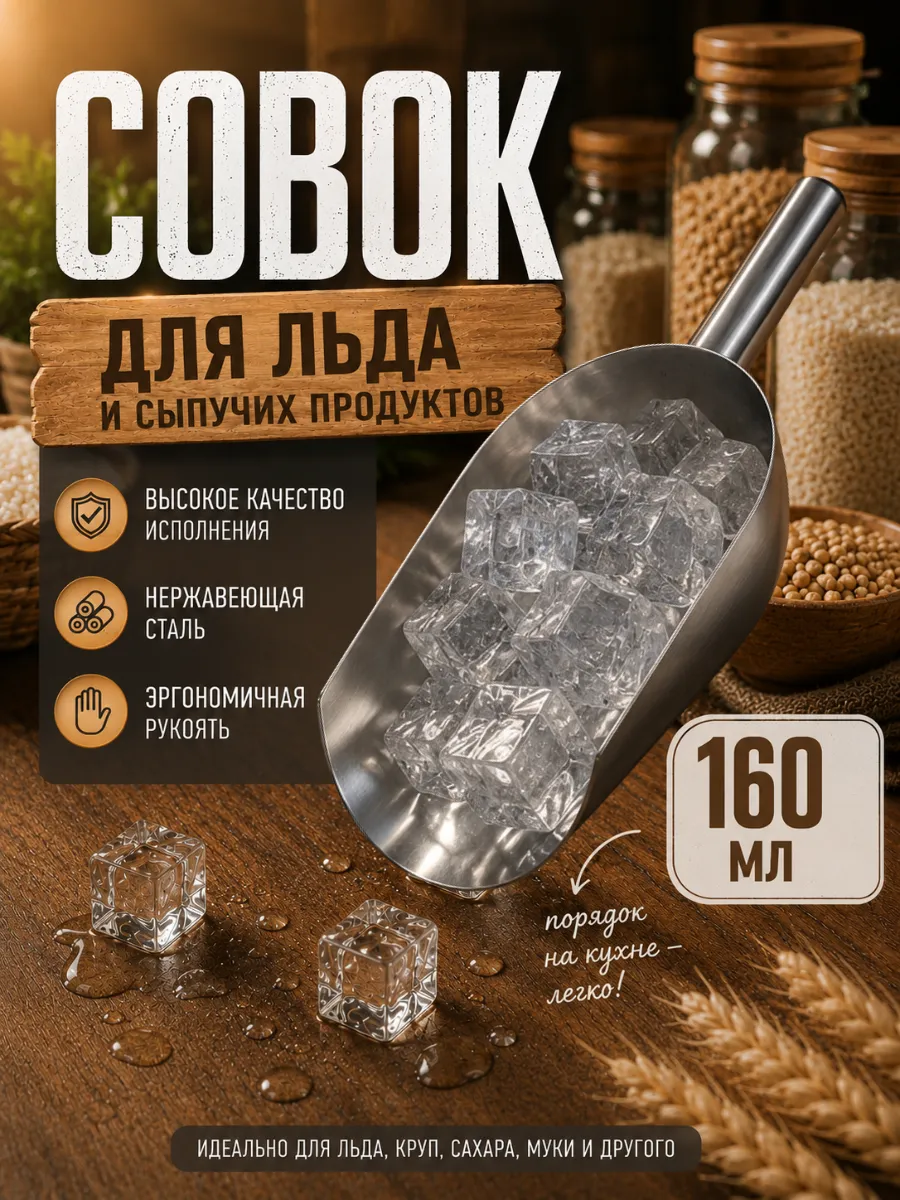 Совок металлический для сыпучих продуктов и льда 160мл