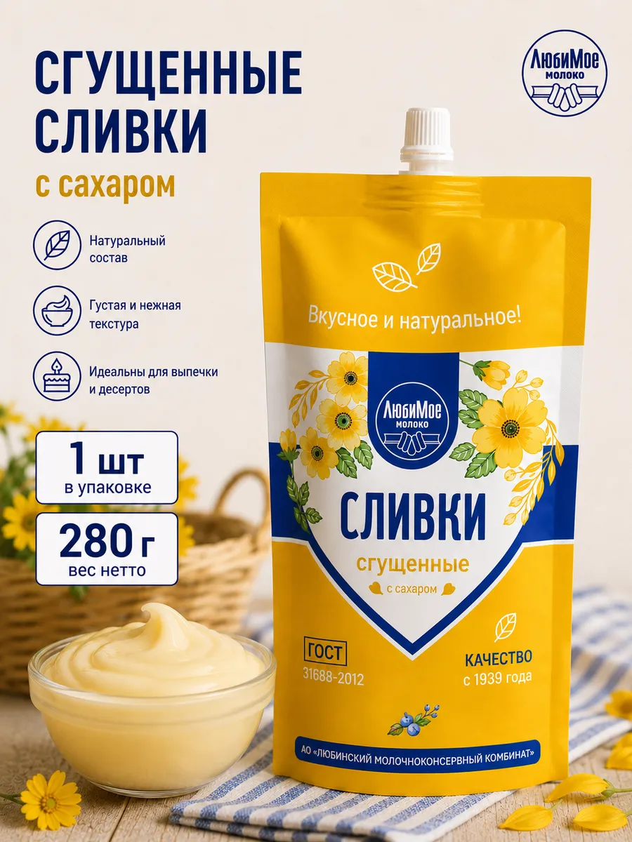 Сливки сгущенные с сахаром 19%, 280г / 1шт