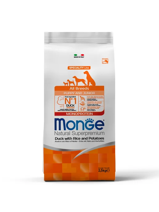 Сухой корм MONGE Monoprotein для собак, щенки, утка, 2,5 кг