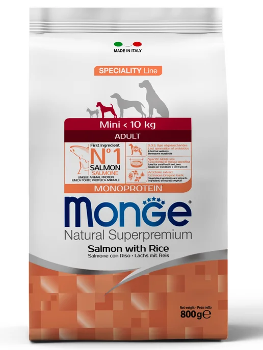 Сухой корм MONGE Monoprotein для собак, мелкие, лосось, 0,8 кг