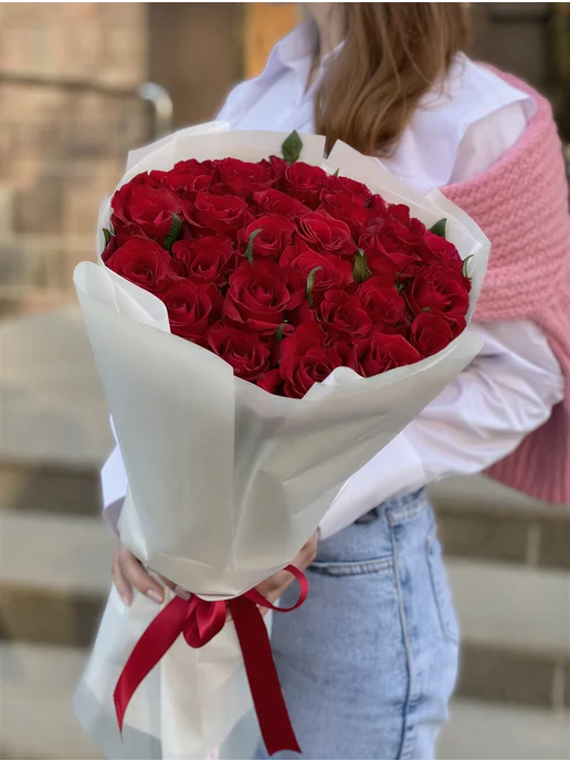 ROZA4U Букет живых цветов 25 красных роз Эвер ред 60 см, красный, фото 2