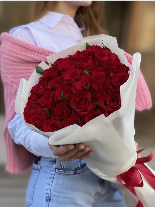 ROZA4U Букет живых цветов 25 красных роз Эвер ред 60 см, красный, фото 4