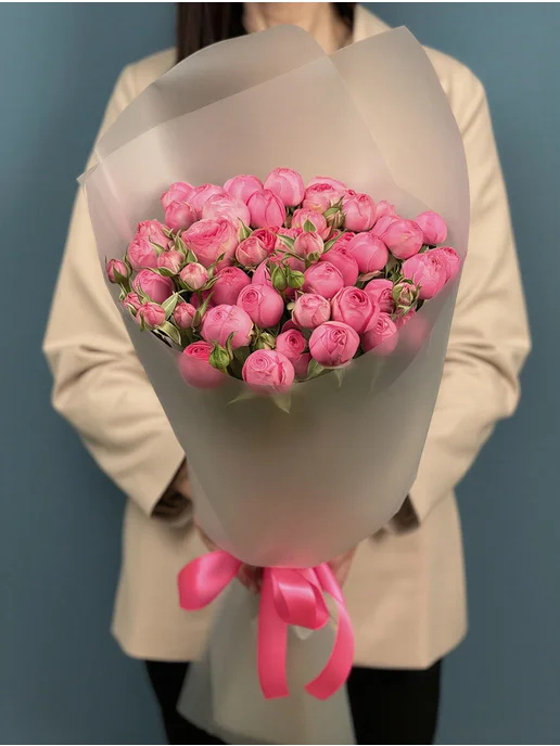 ROZA4U Букет живых цветов 11 кустовых розовых роз Жизель 50 см, розовый, фото 4